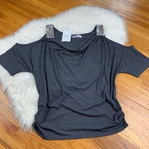 Nextmia NWT Gray Open Shoulder Gathered Blouse